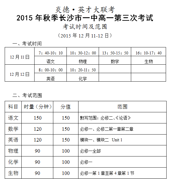 炎德英才大聯(lián)考2015年秋季長(zhǎng)沙市一中高一第三次考試時(shí)間和范圍(2015.12.11-12)