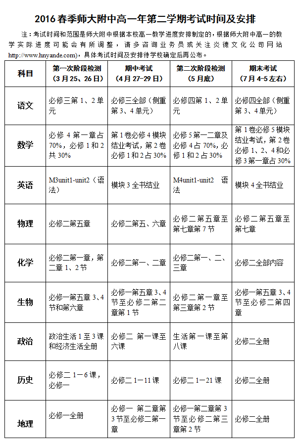 2016春季師大附中高一第二學(xué)期考試時間和安排